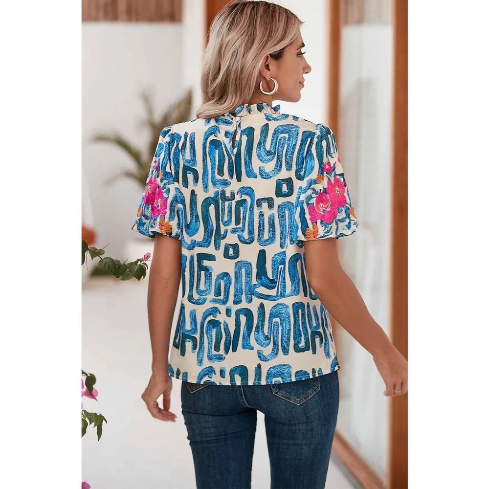 Ruffled Neck Blue Patterned Short Sleeve Blouse - Picture 2 of 9